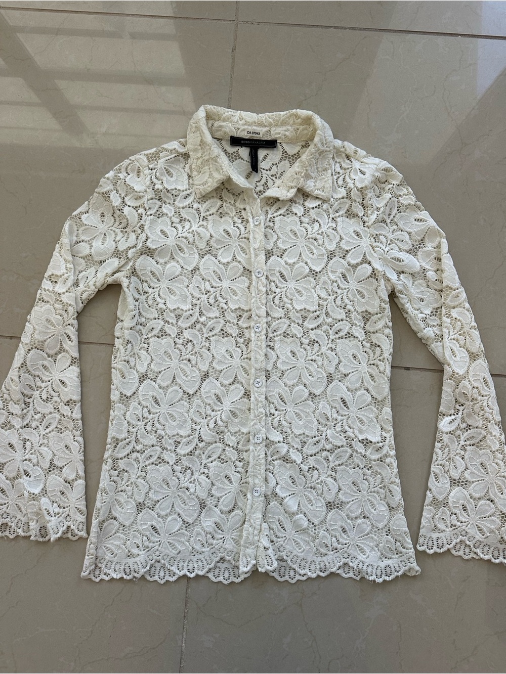 BCBGMaxAzria Off-White Lace Floral Button-Front Long-Sleeve Shirt XS
